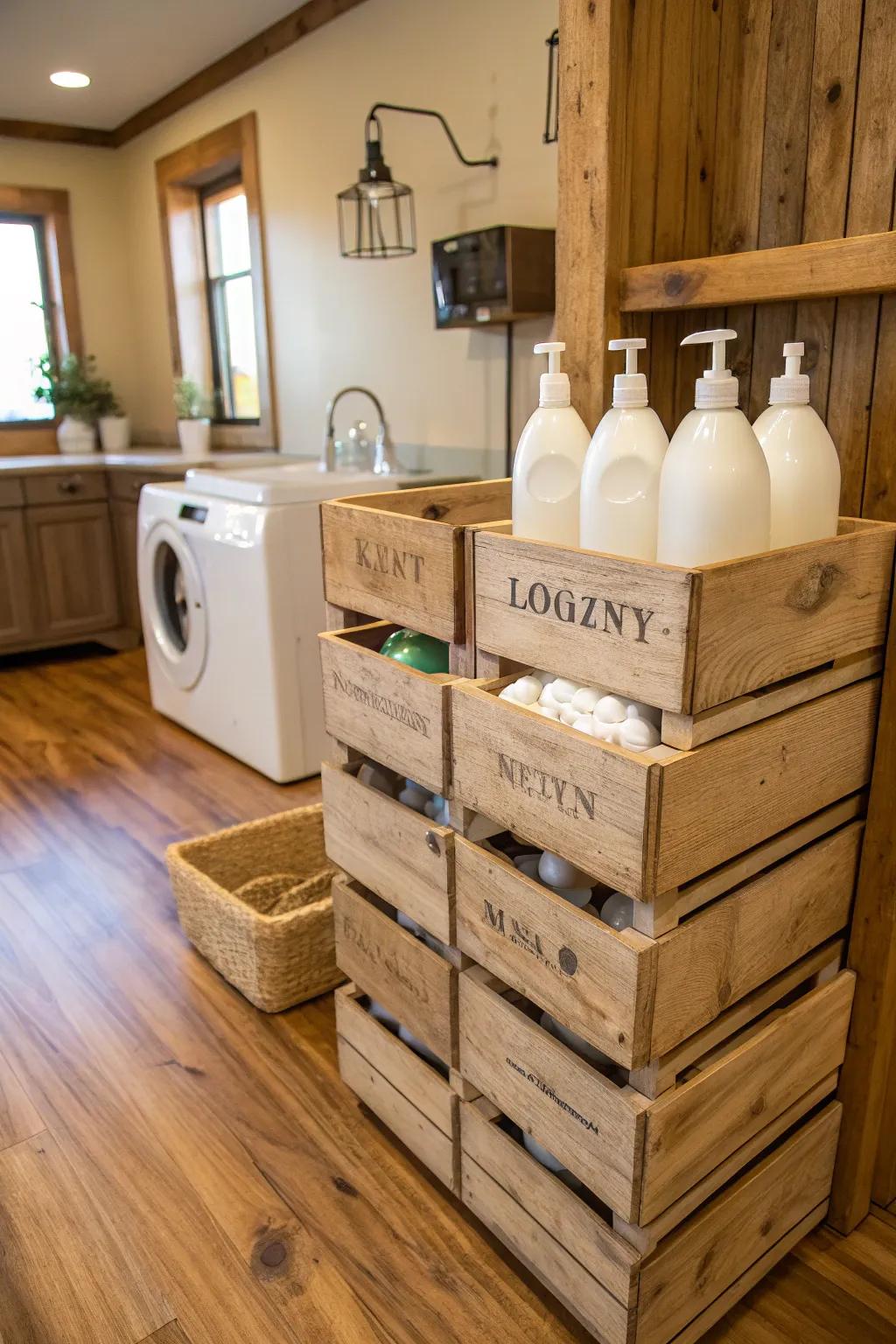 Wooden crates add rustic charm to your laundry storage.