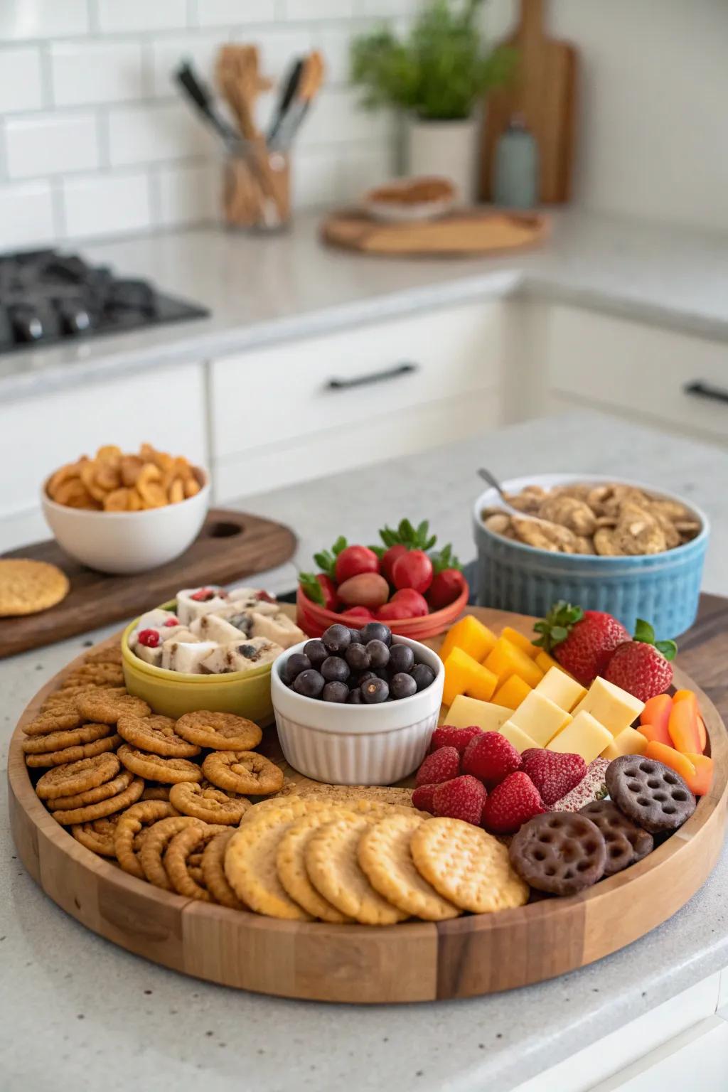 A playful and inviting snack station showcasing a lazy Susan.