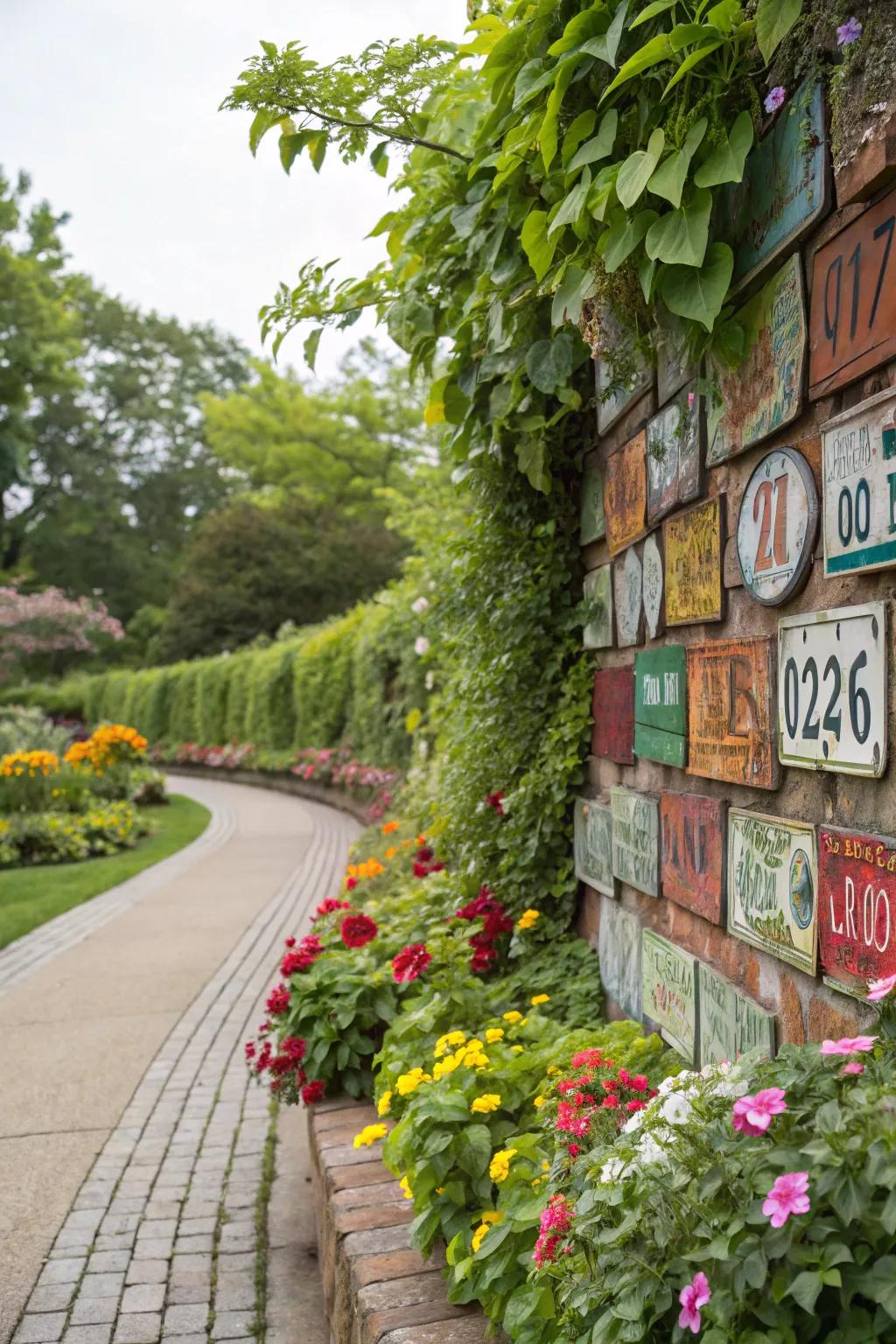 Plants have a vibrant background in a garden wall made of registration plates.