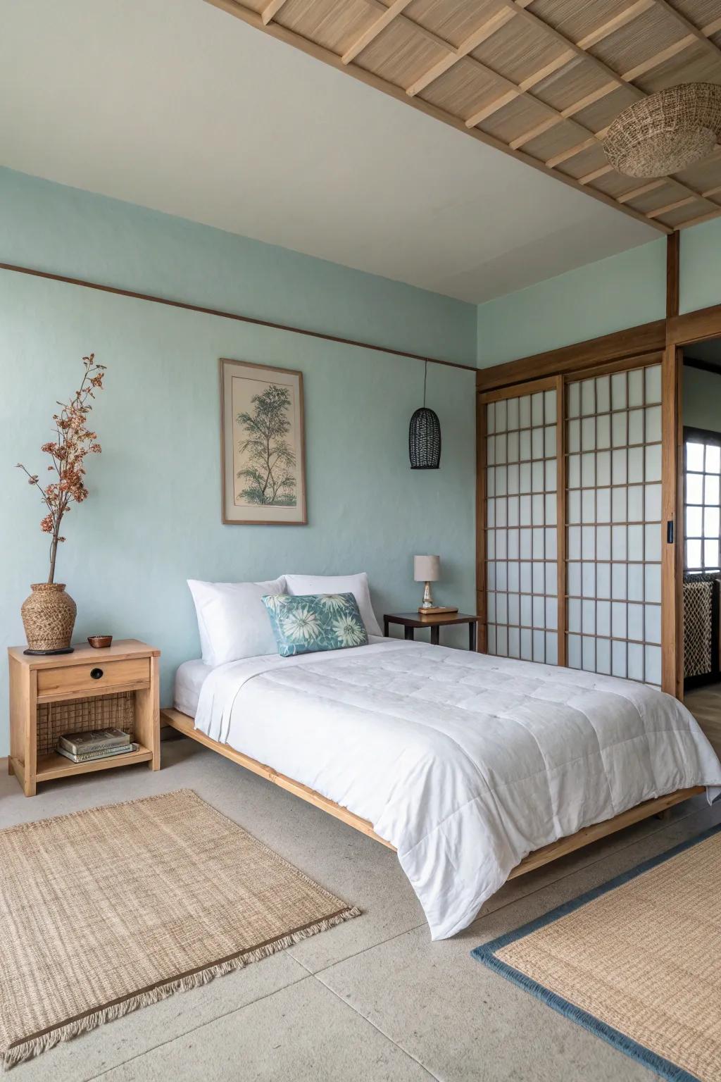A Zen bedroom features light blue and minimalist decor for ultimate relaxation.