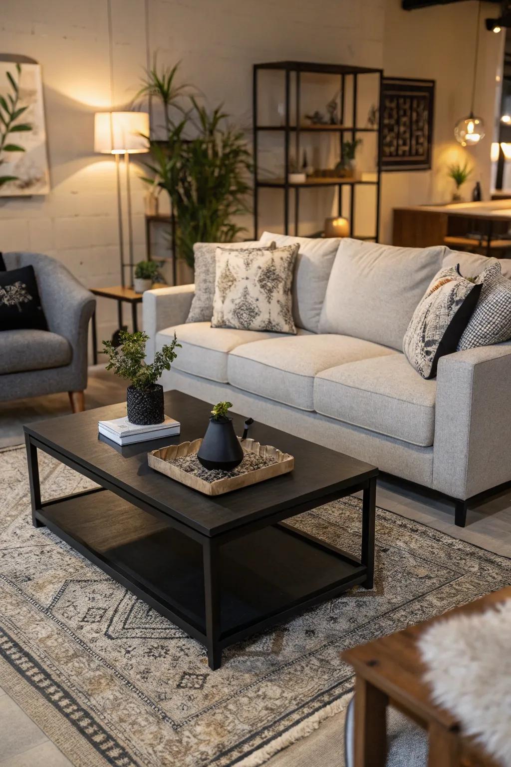 Dark highlights balance the lightness of a room featuring a muted stone sofa.