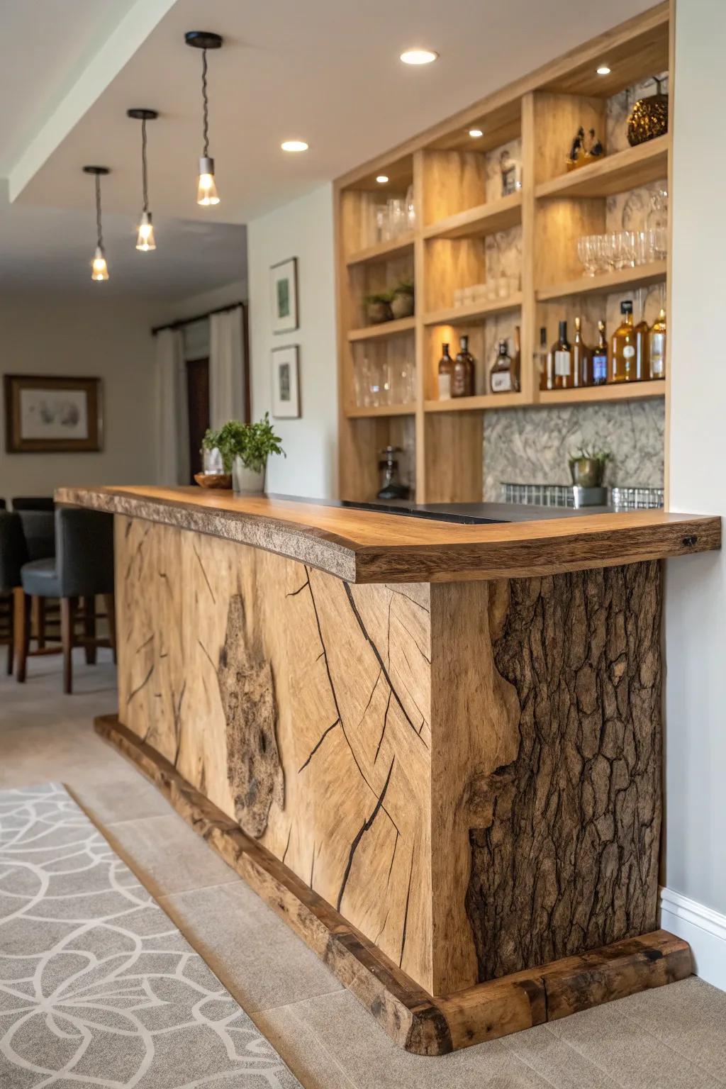 A custom live edge bar featuring built-in shelves and unique finishes, tailored to personal taste.