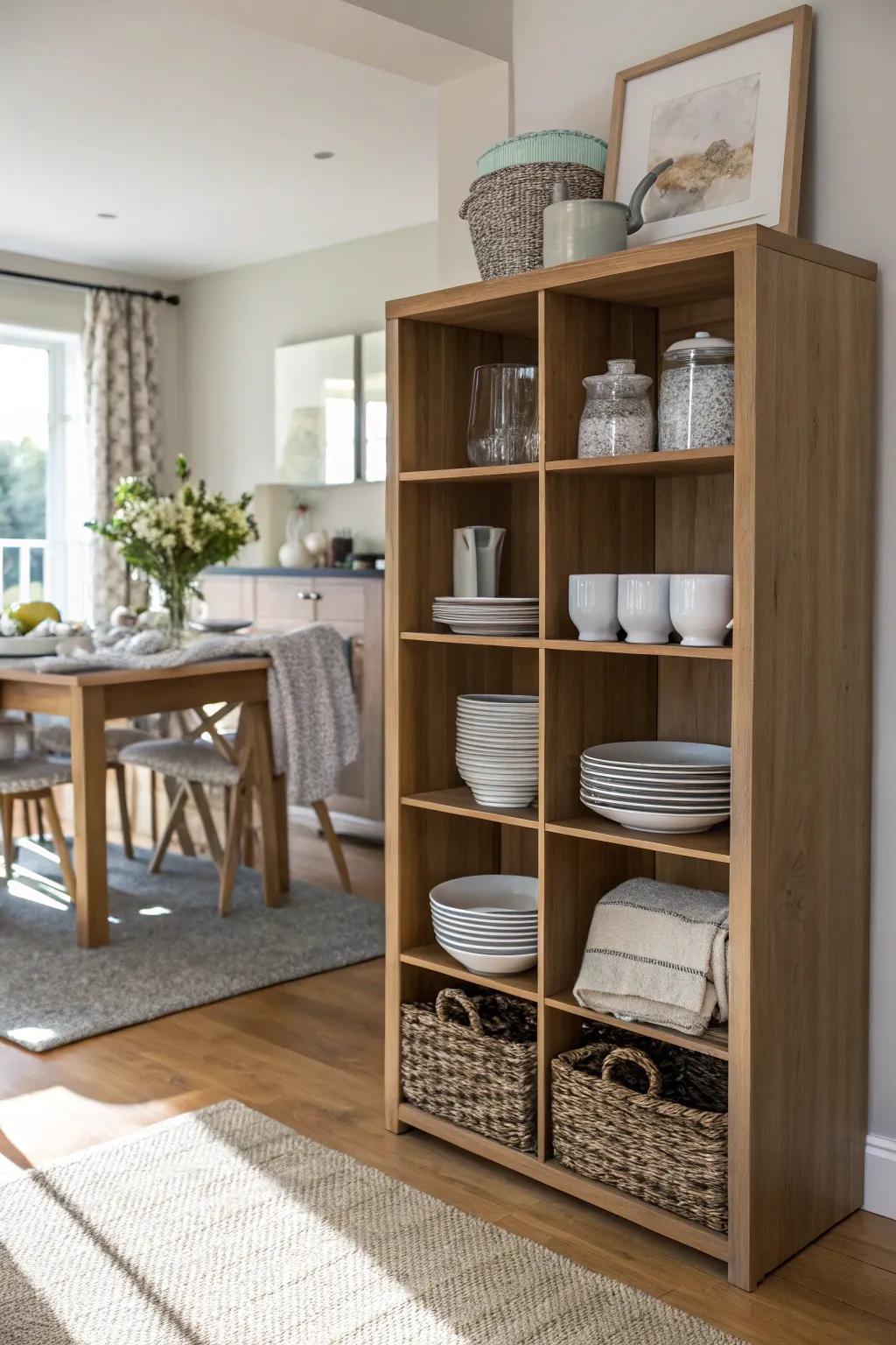 A dining space addition employing modular storage for integrated functionality.