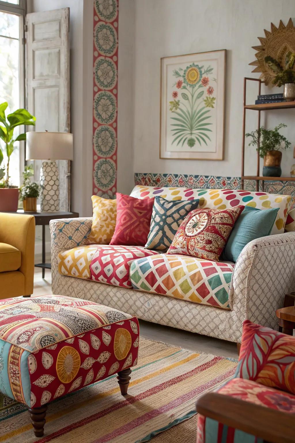 Various patterns adding visual interest to the living room.