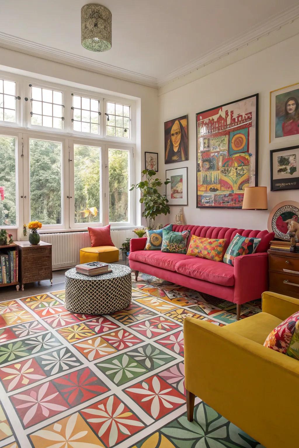 Artistic vinyl flooring infuses personality and flair through bold patterns.