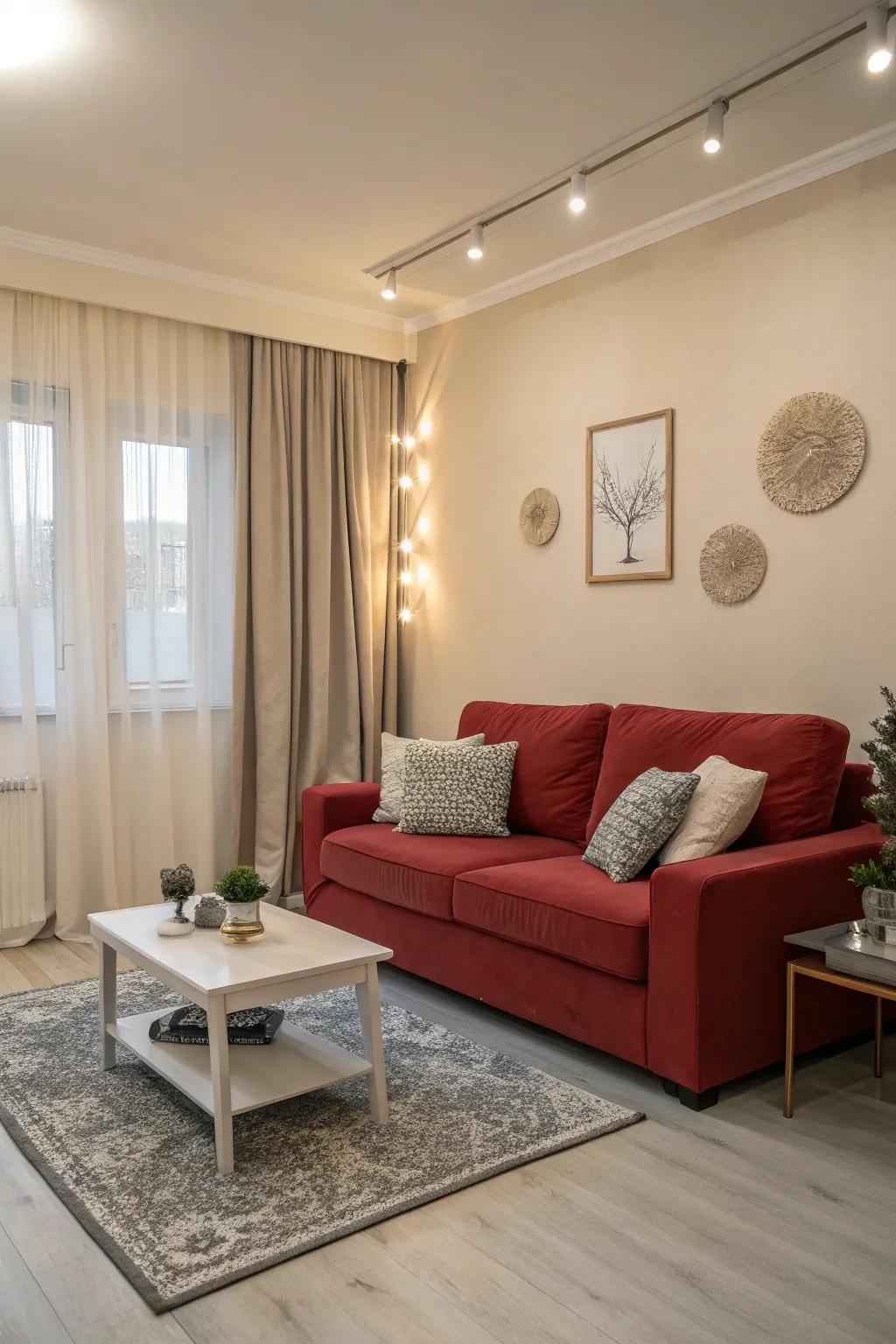 Neutral tones balance the boldness of a crimson sofa, creating an elegant and harmonious space.