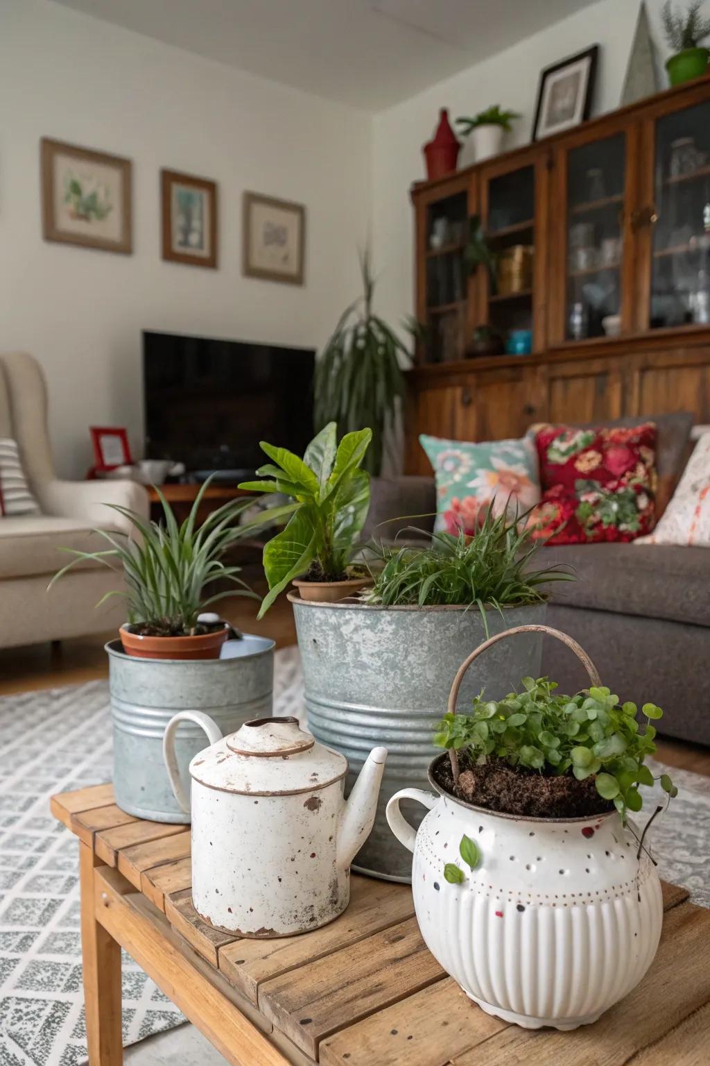 Repurposed items fashion charming planters.