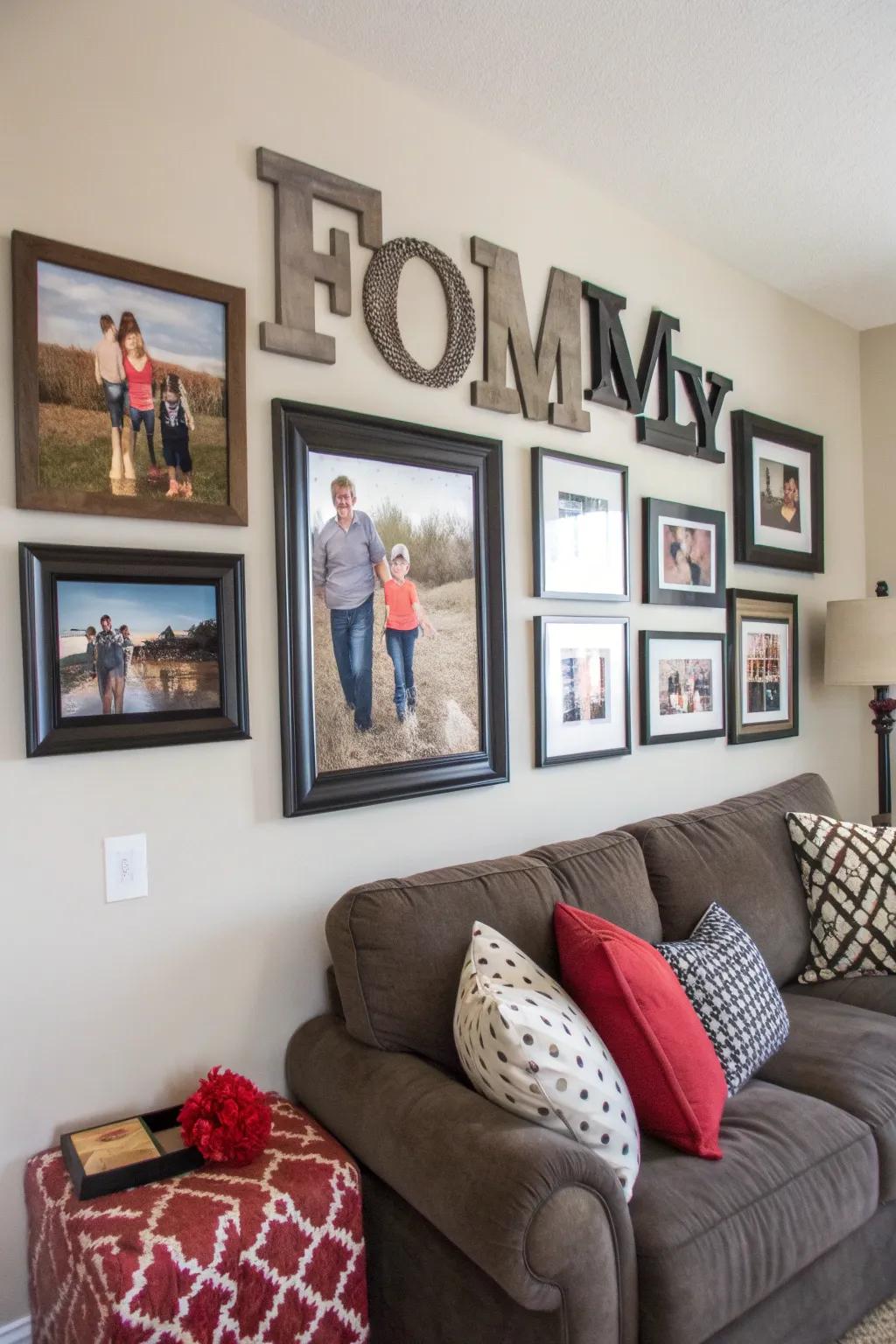Typography infuses a contemporary edge into your photograph arrangement.