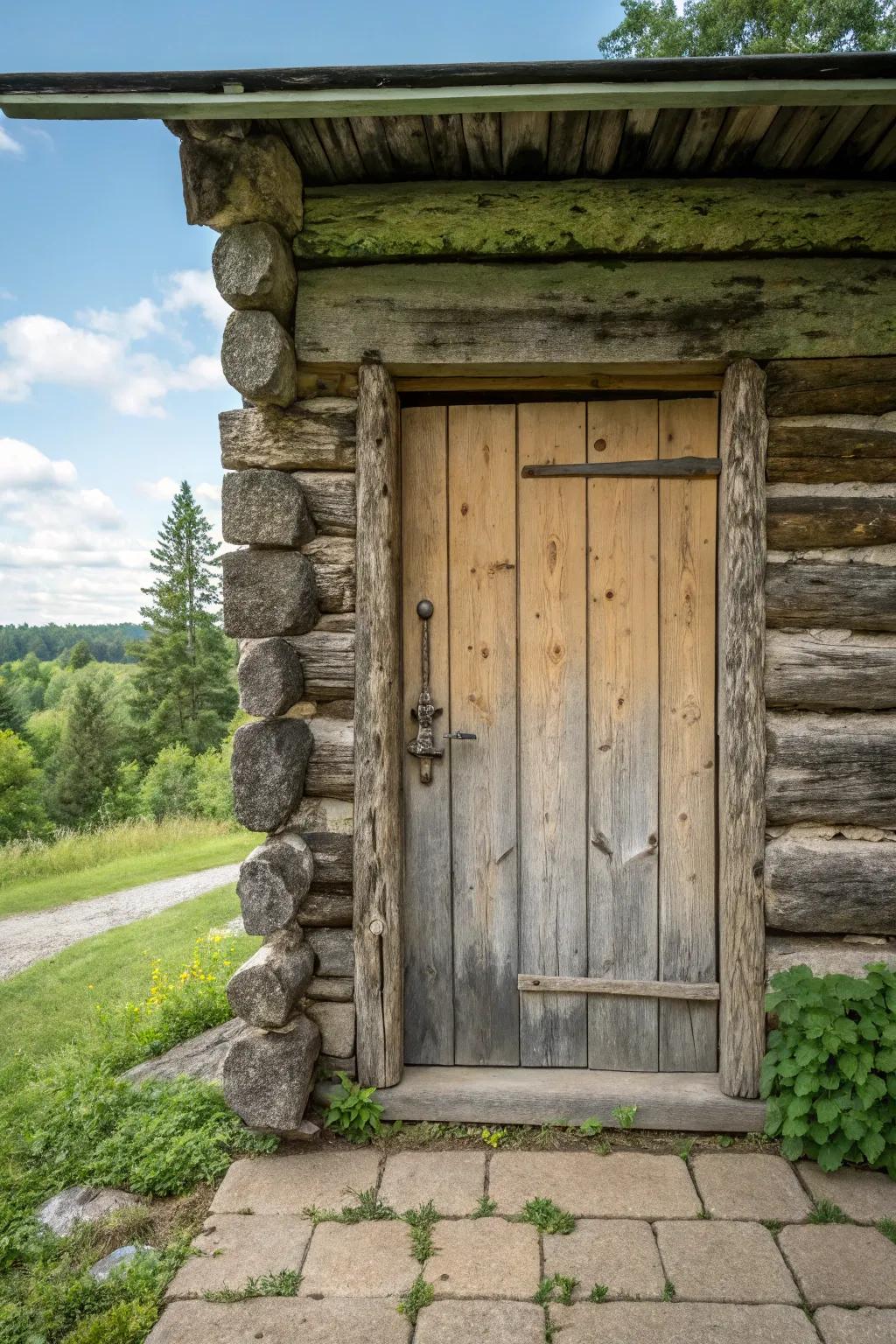 A weathered log cabin door with elegant, country charm.
