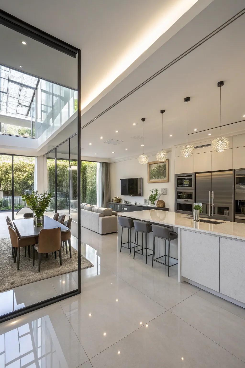 Bouncing surfaces elevate light and space.