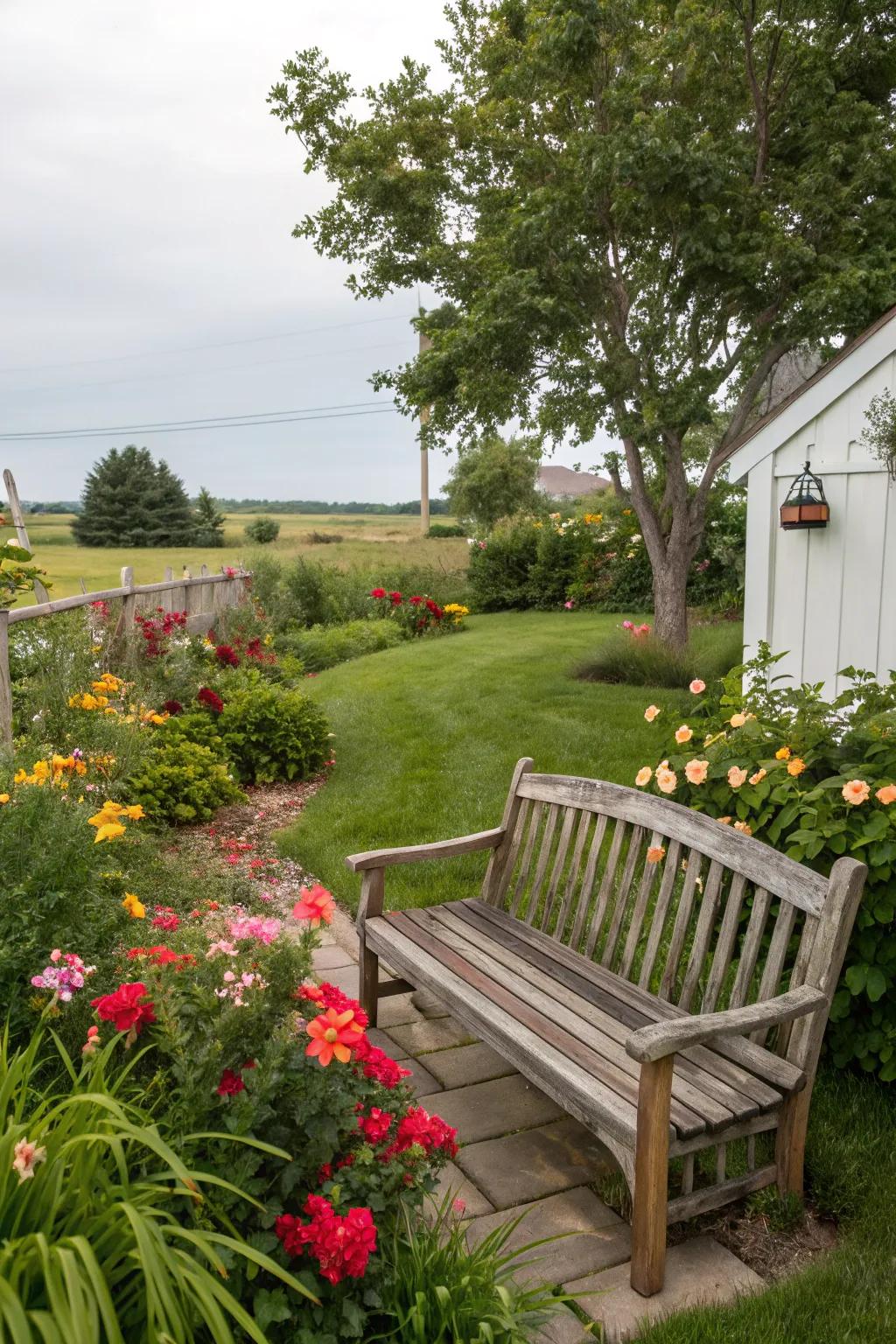 A wooden bench inviting repose and enjoyment of the garden atmosphere.