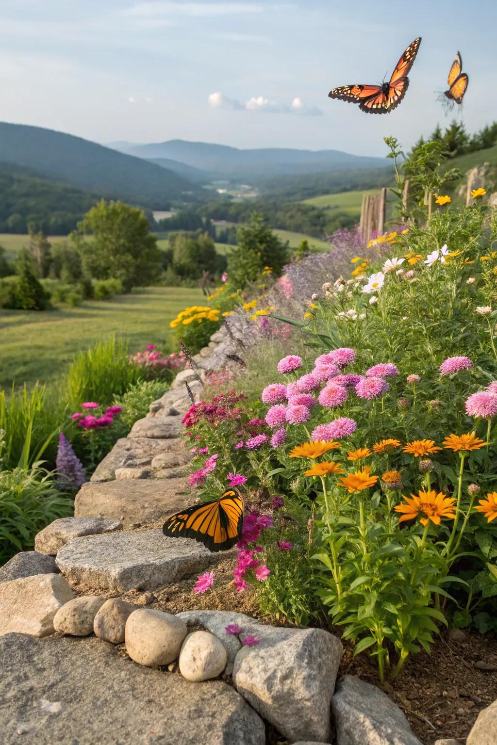 Wildflowers add color to the edges of rock gardens.