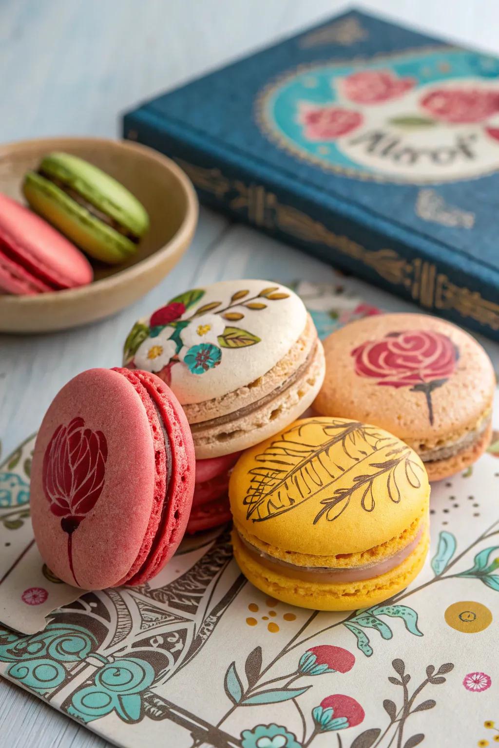 Macarons crafted as artistic creations inside a themed configuration.