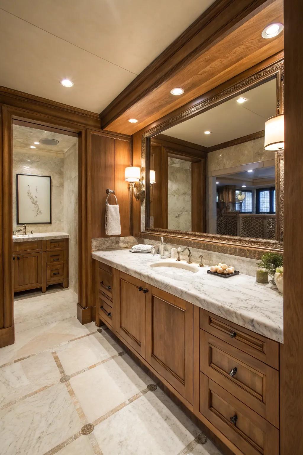 Marble and wood create a welcoming, warm atmosphere.