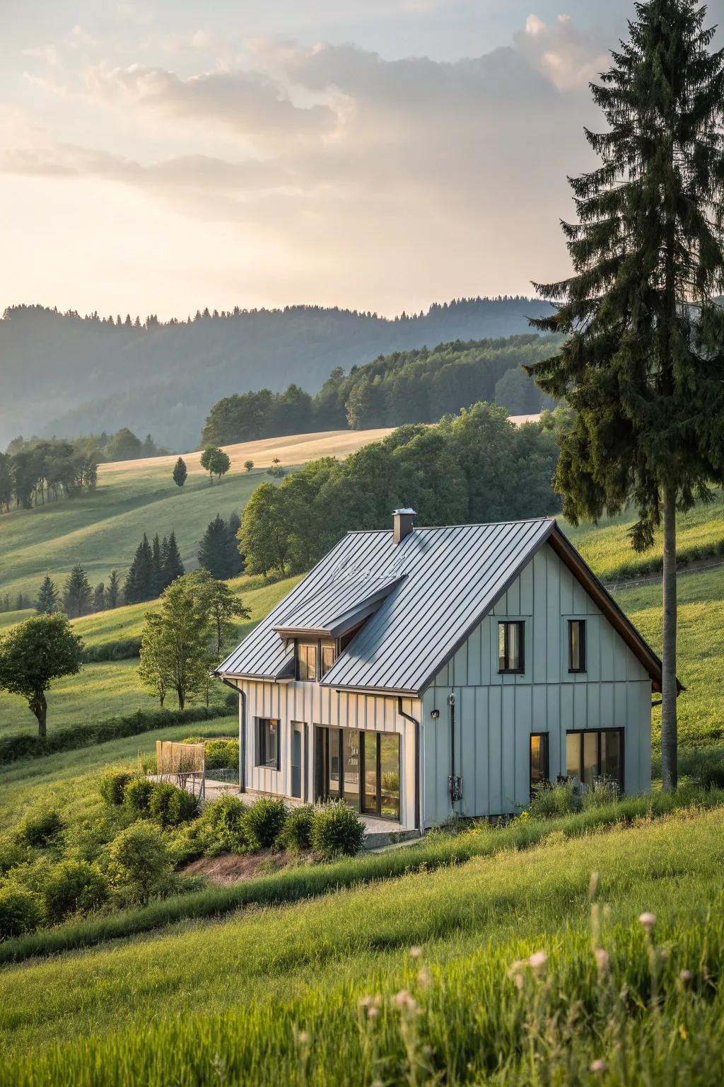 A picturesque countryside dwelling blending cottage-style allure with modern metal cladding.