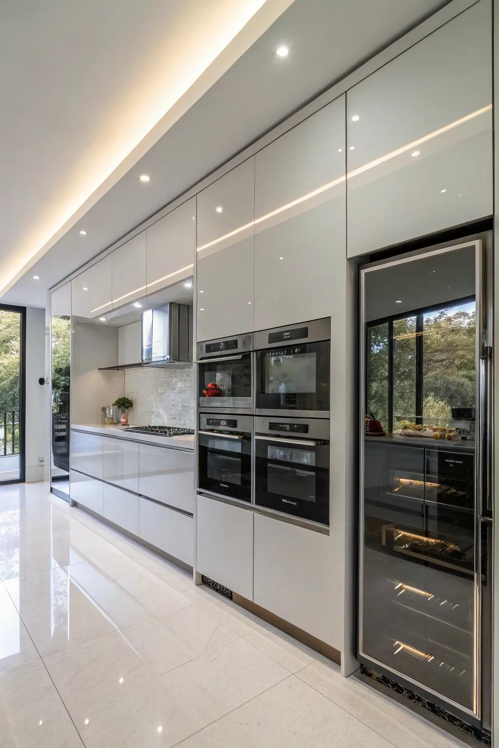 Mirrored appliances enhancing a sleek kitchen aesthetic.