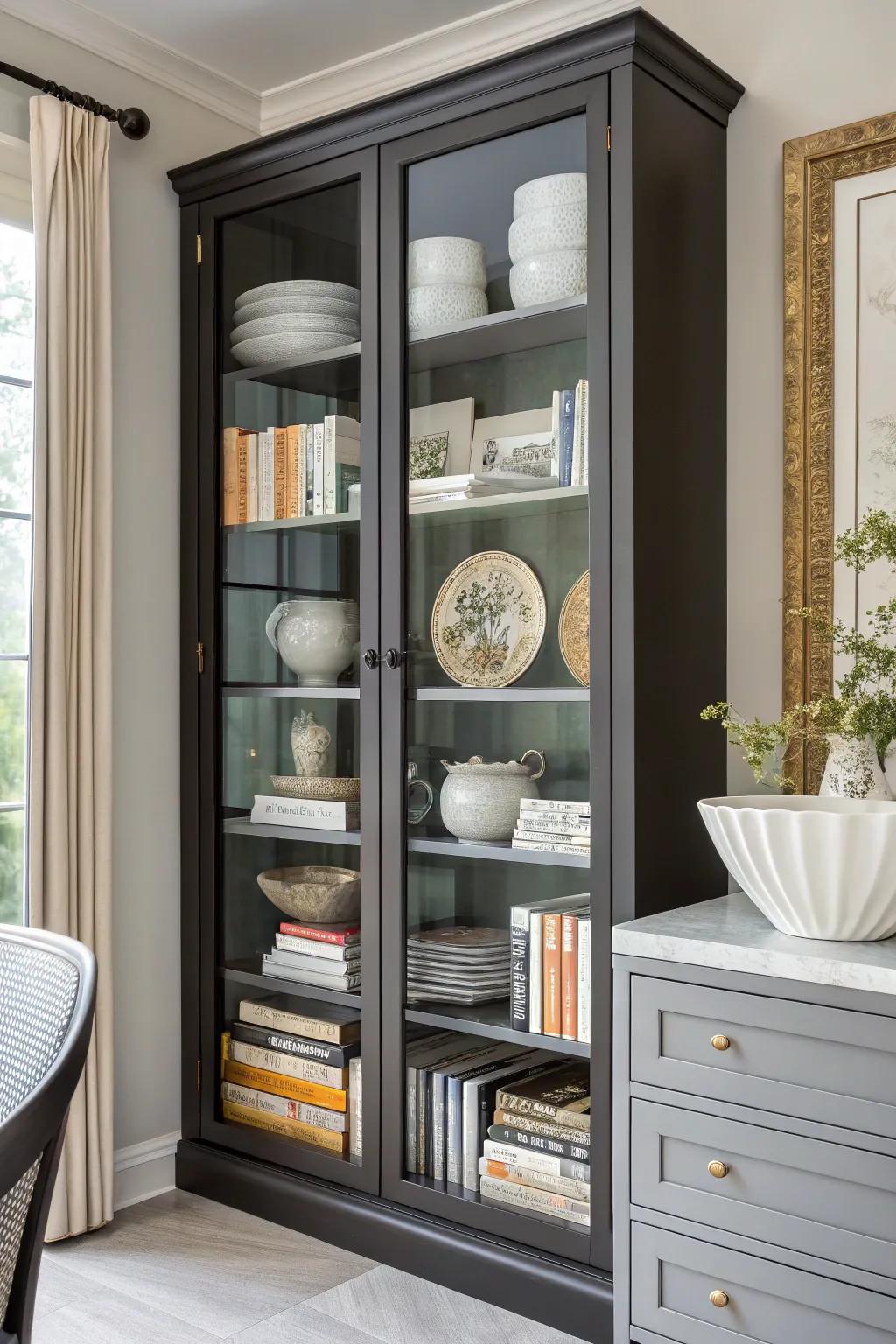 Books add an intellectual touch to a display cabinet.