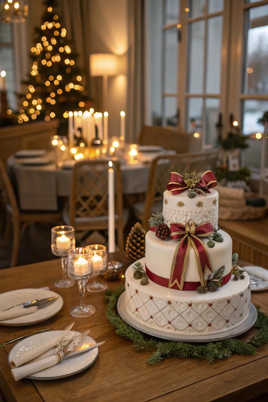 Christmas cake featuring chic ribbons and bows