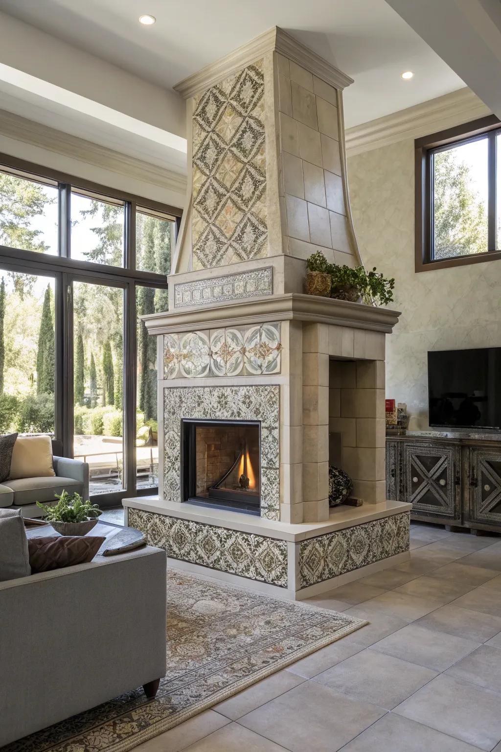 Adaptable clay tile fireplace that adapts to any style.