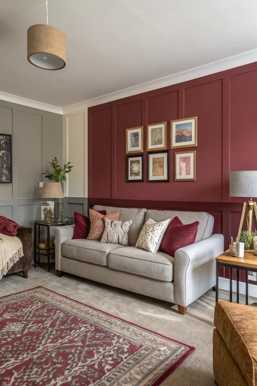Living area featuring color-blocked walls in carmine and neutral tone.