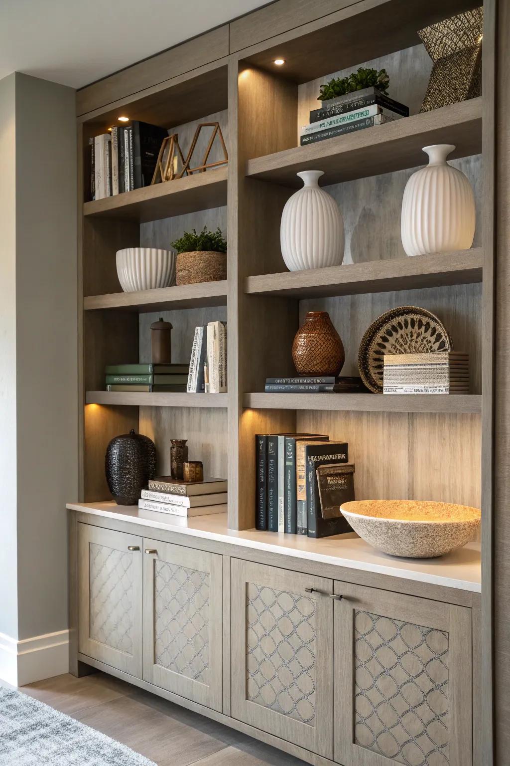 Overlapping generates depth and a cohesive visual inside the display cabinet.