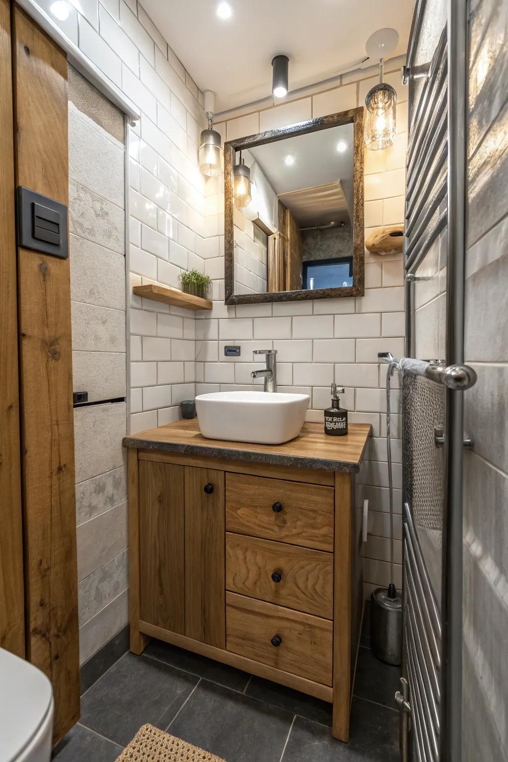 Blended textures introduce dimension to this compact bathroom.