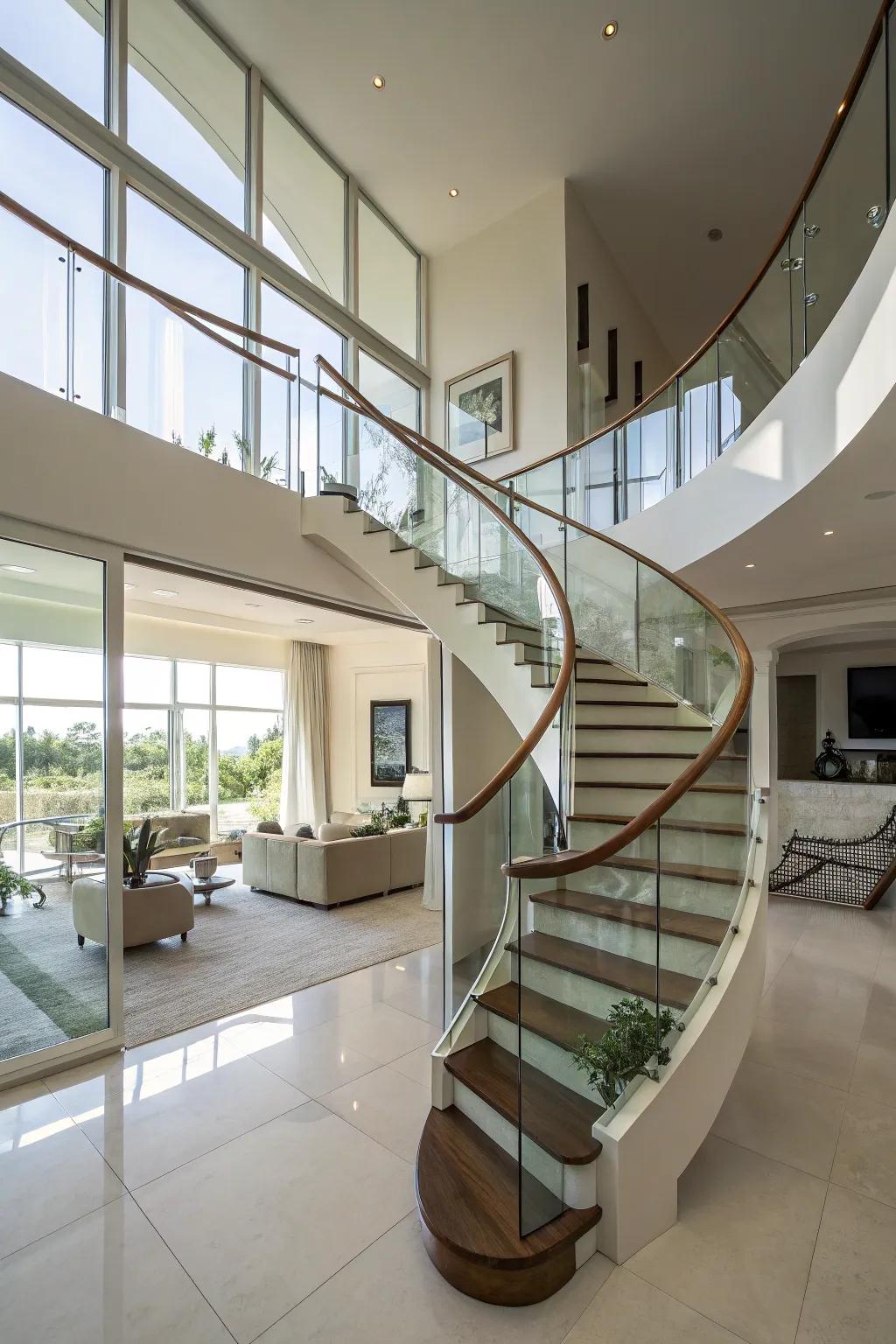 Curved crystal guardrails contribute opulence and sophistication to your dwelling.
