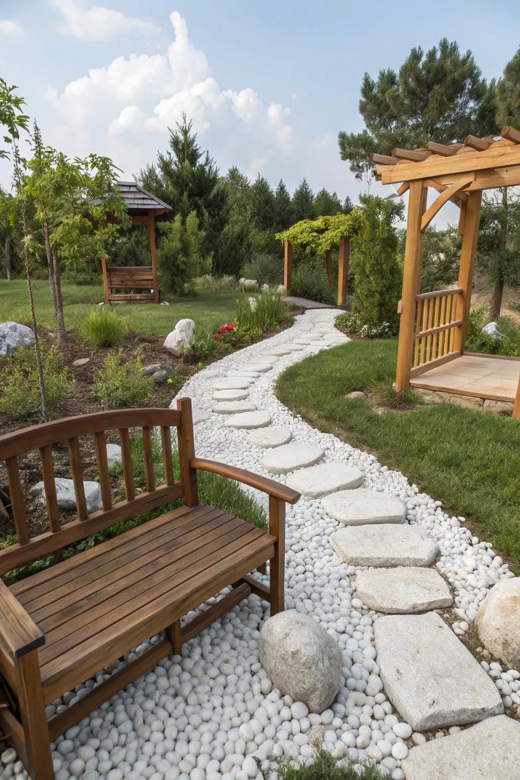 A garden combining timber elements with white stones, creating a warm and textured landscape.