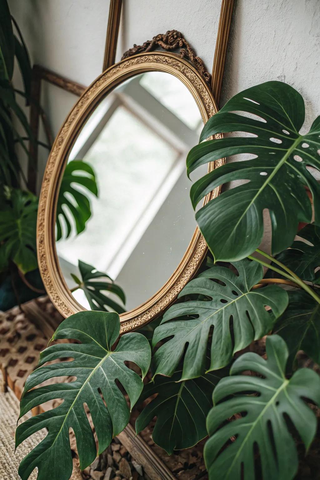 A hallway mirror featuring a jungle-inspired border made of monstera leaves.
