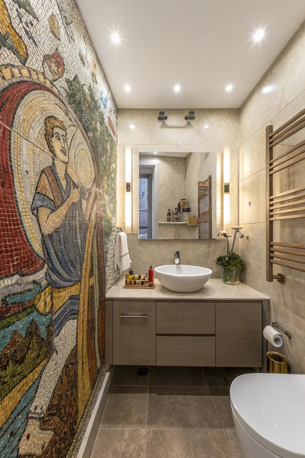 An creative bathroom featuring a bespoke mosaic mural.