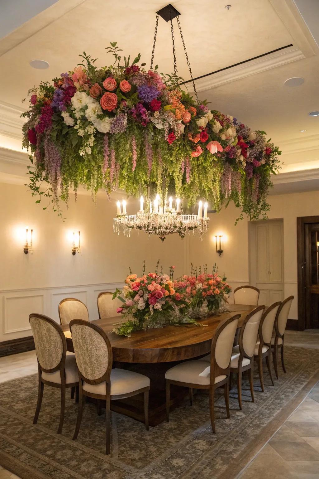 A whimsical bloom suspension piece engenders a fanciful, garden-esque ambiance.