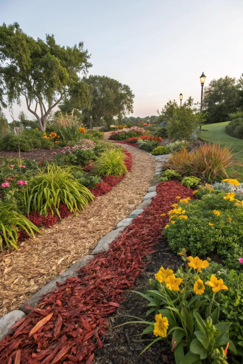 Bright woodchips infuse lightheartedness into garden borders.