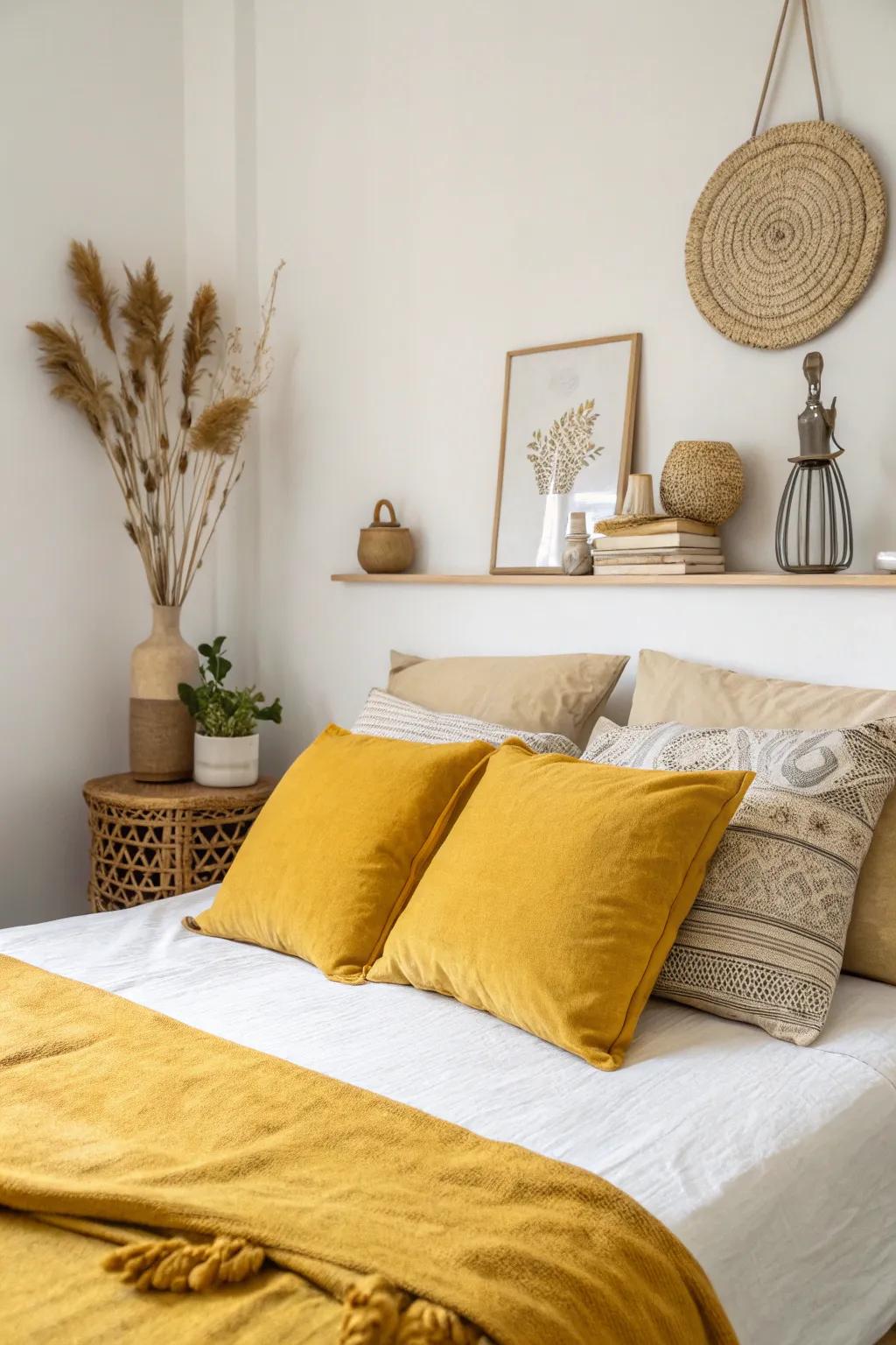 A minimalist bedroom exhibiting wheat pillows and decor.