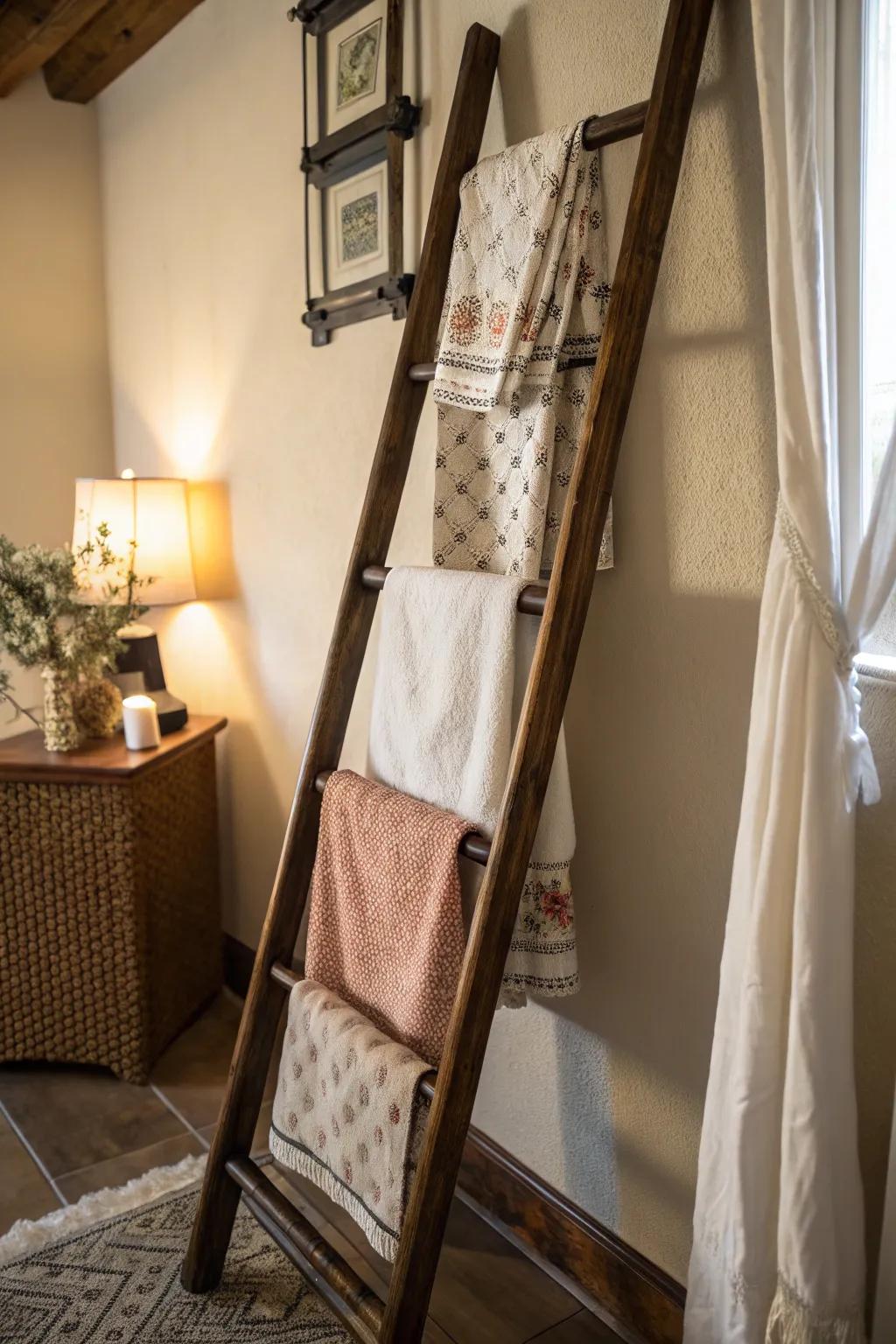 Decorative ladders offer a rustic and artistic napkin storage option.