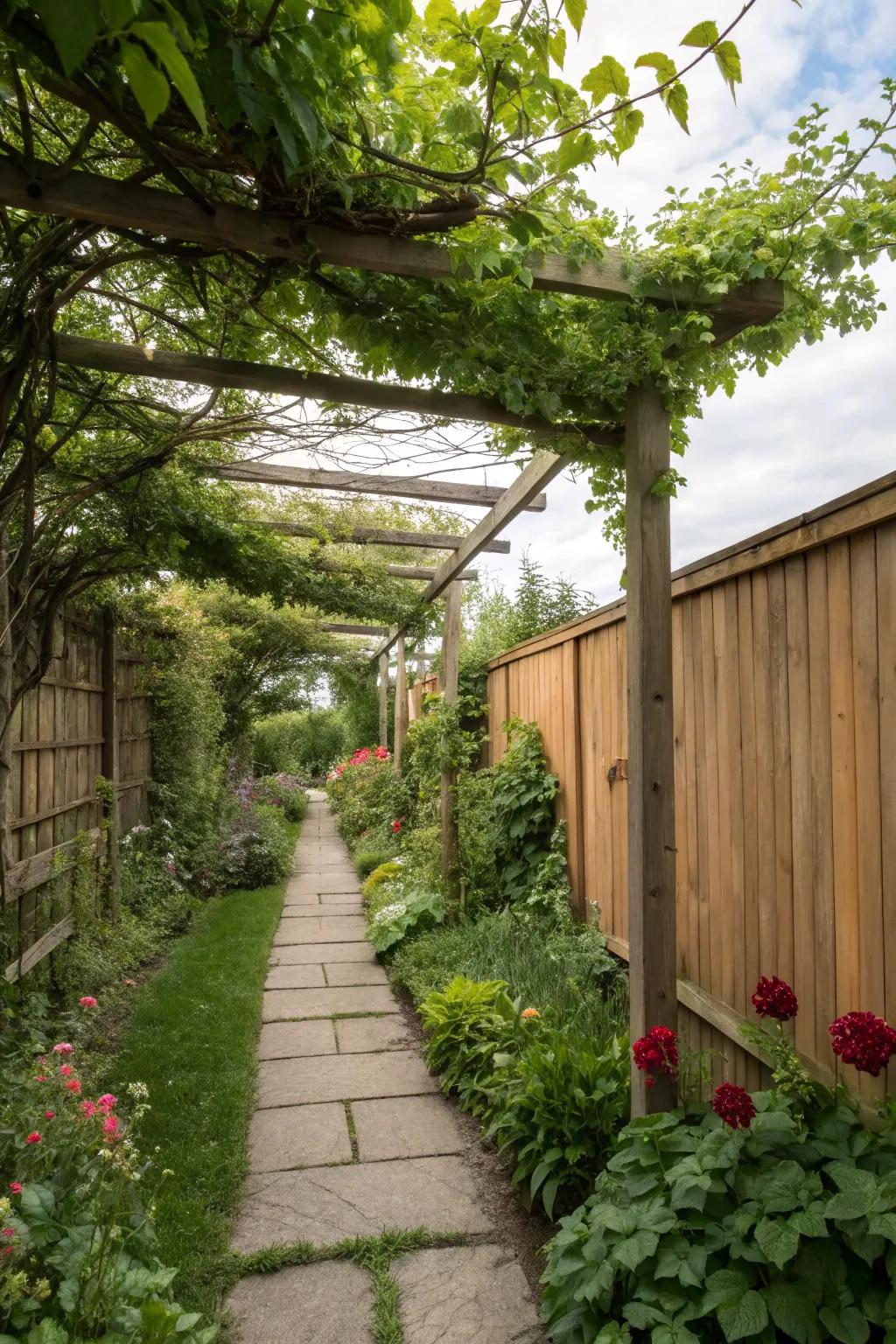 A pergola offers shade and structure to a narrow garden.