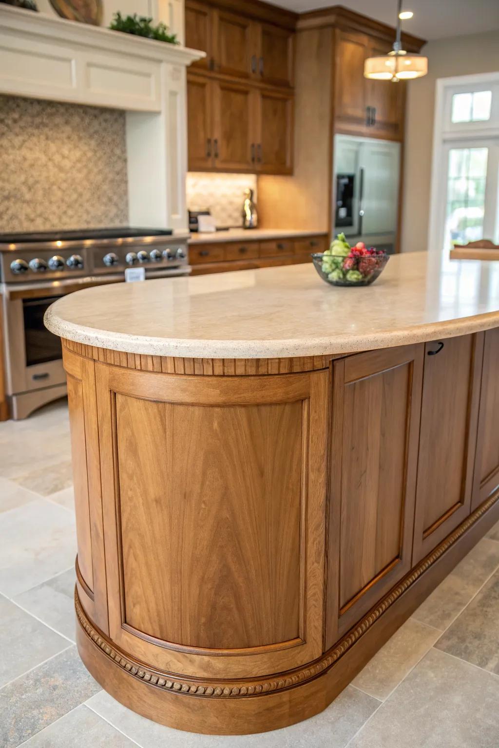 Contoured timber borders incorporate elegance and softness to the culinary space.