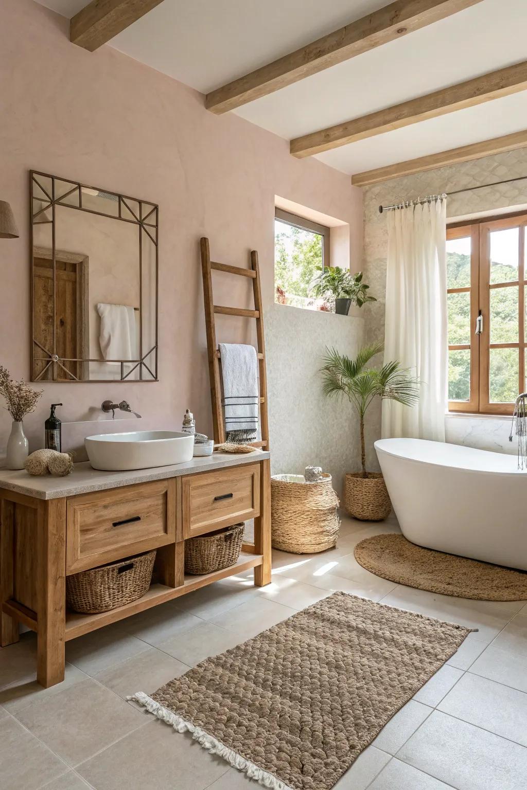 Asian Minimalism influences bring balance and calm to the neutral bathroom.