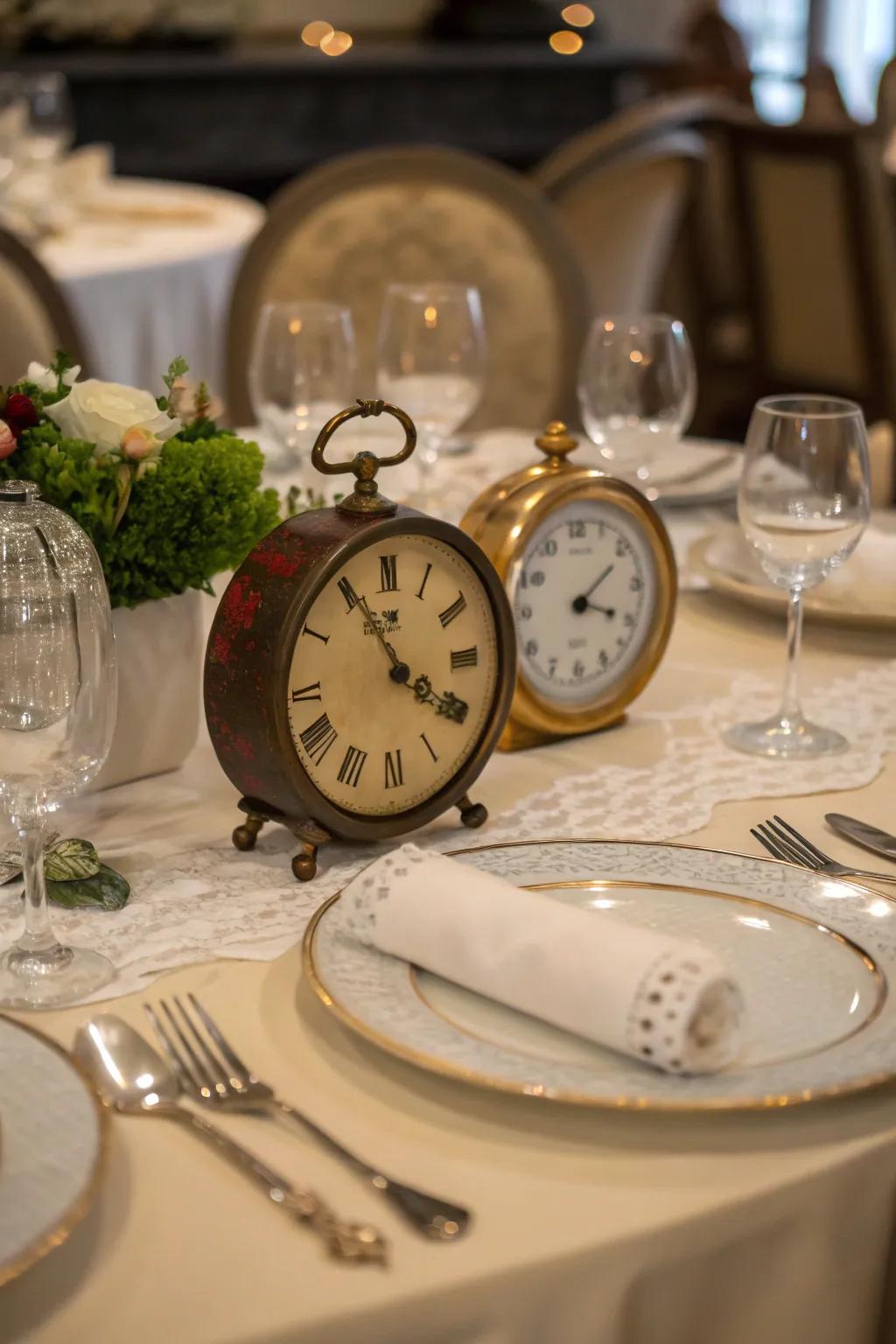 Antique timepieces as embellishments add charm and symbolism.