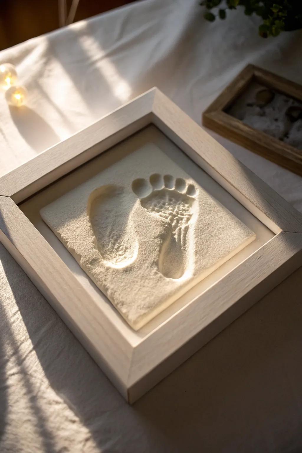 A tiny footprint mold, capturing the essence of early days.