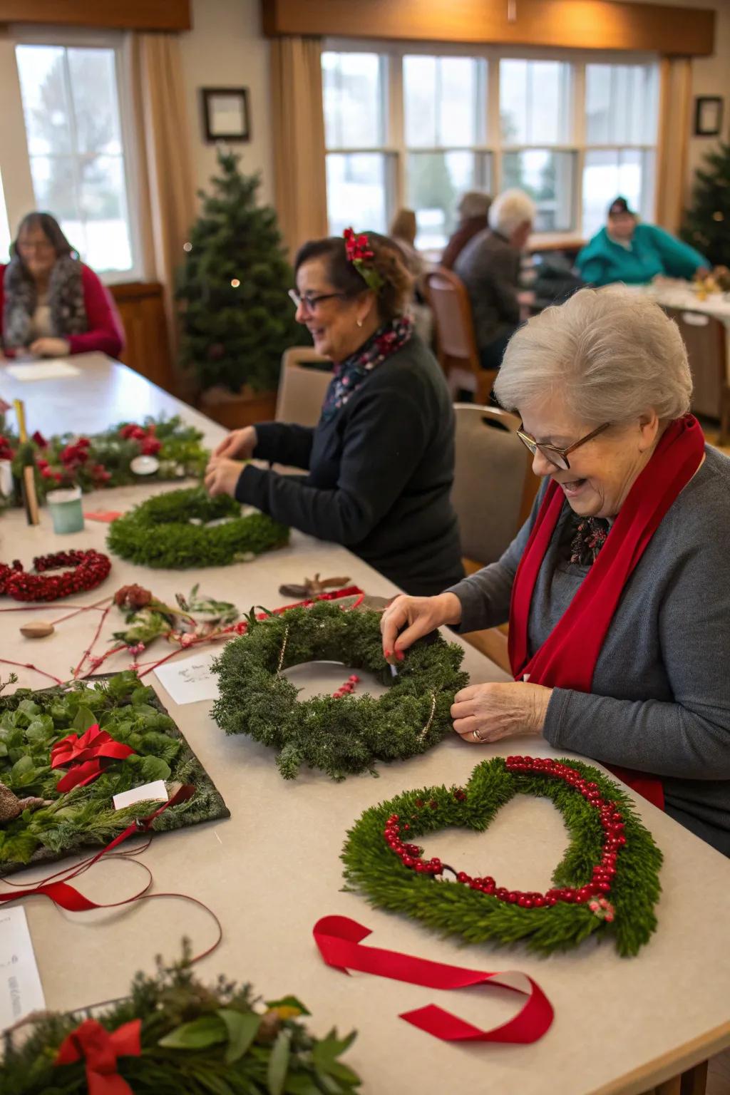 Making heart-shaped wreaths to brighten the space.