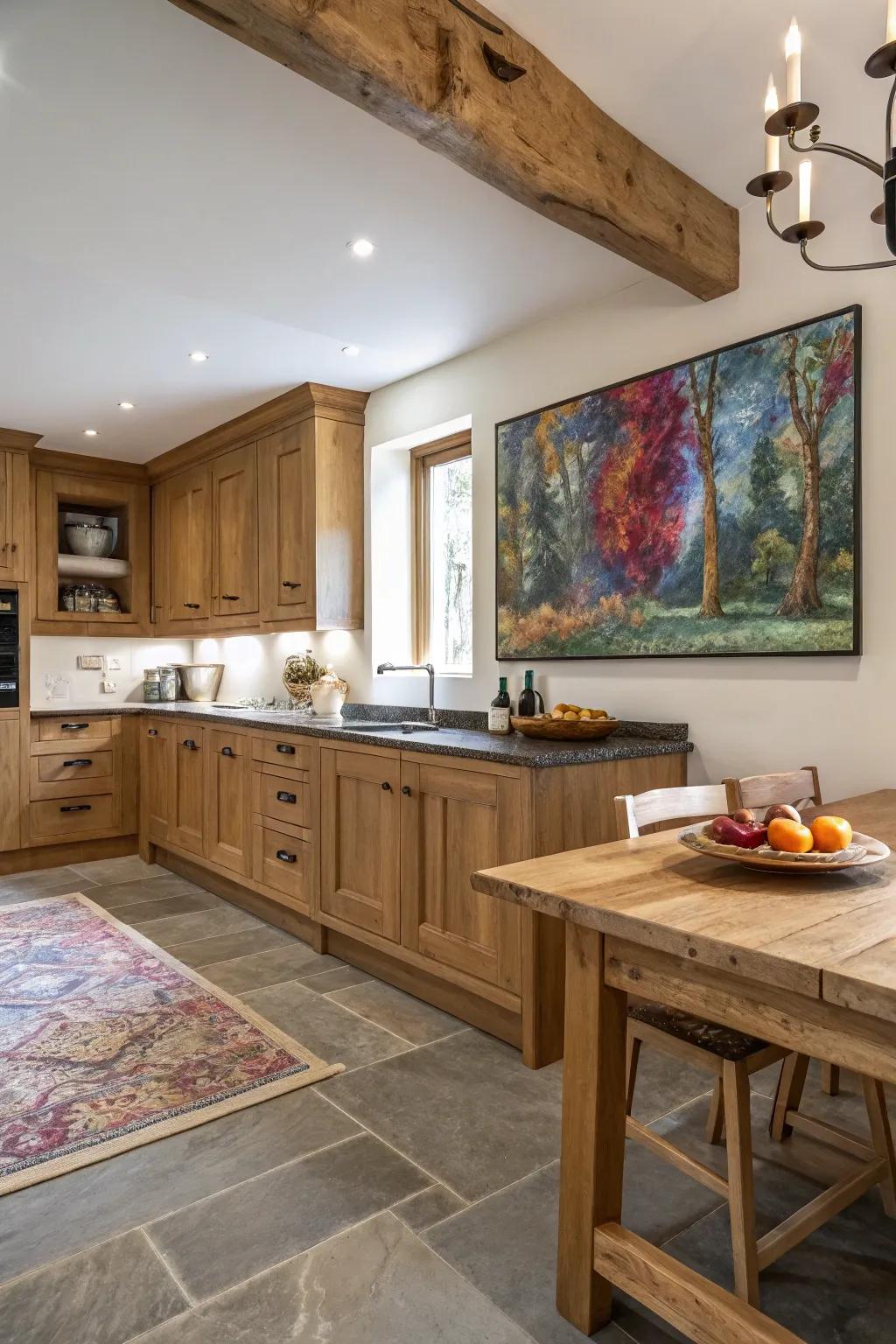 Wall art introduces personality and visual interest to oak kitchens.