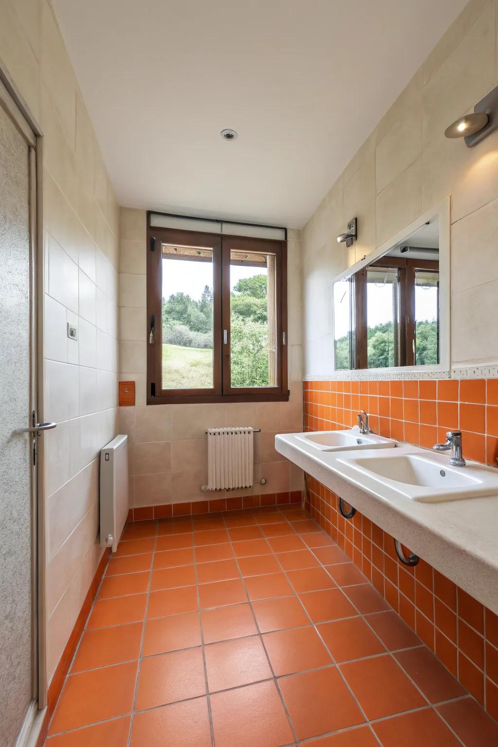 Orange flooring makes a bold statement in the bathroom.