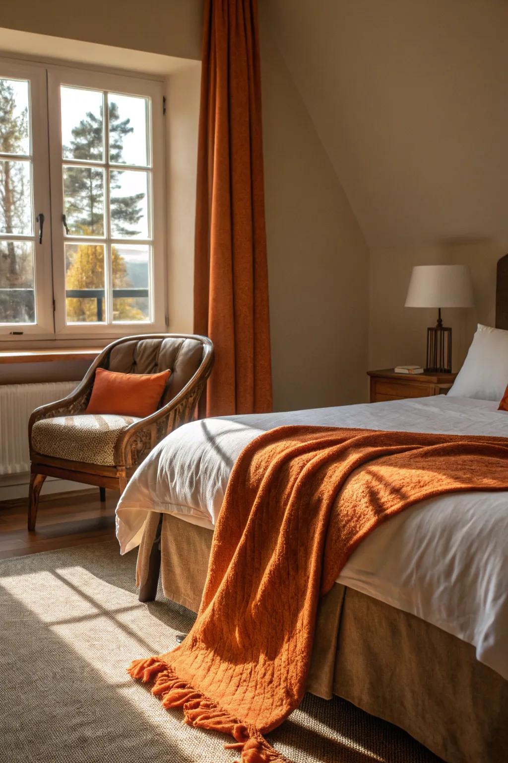 Cozy orange throws introduce warmth and color to the space.