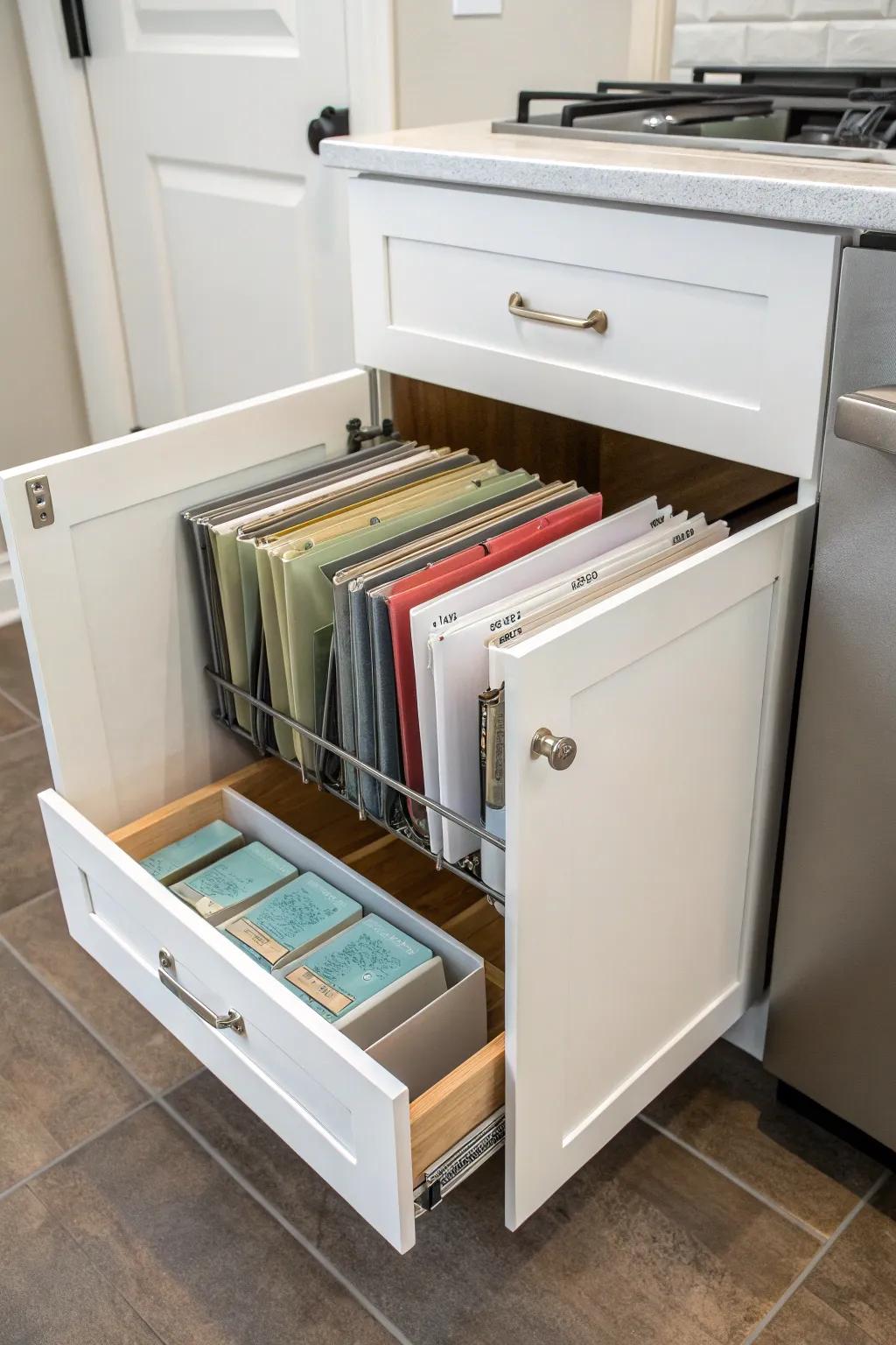 Vertical file holders offer structured storage for flat items.