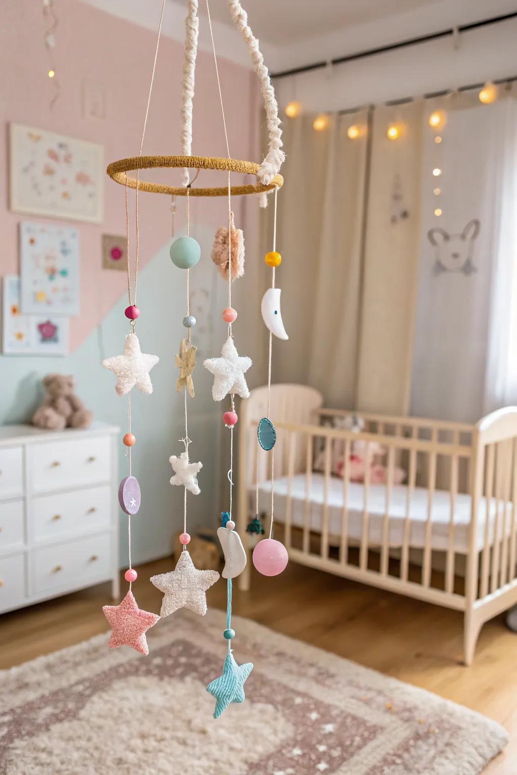 A dynamic and captivating suspended ornament mobile.