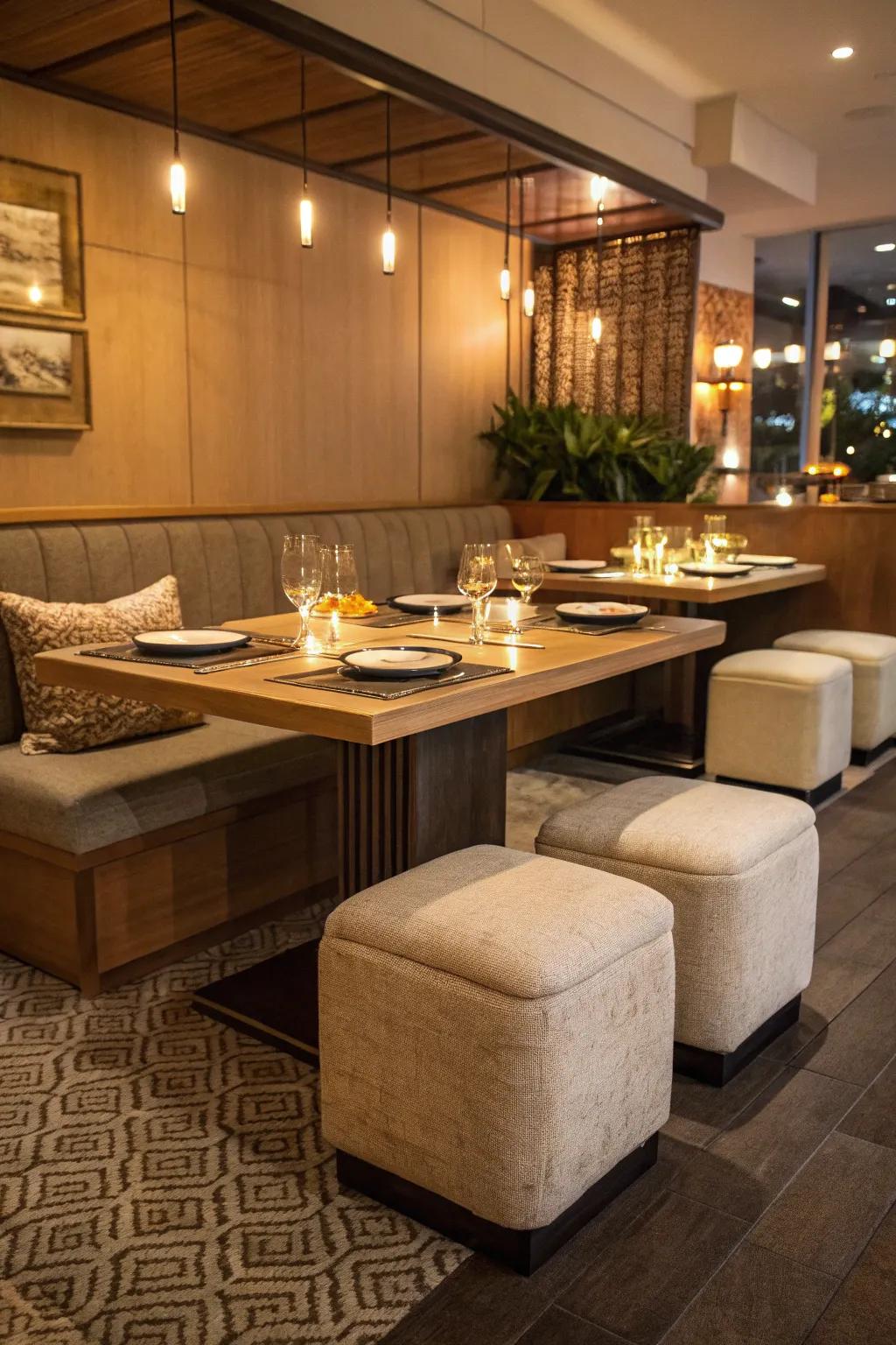 Ottomans create a relaxed and elevated culinary ambiance.