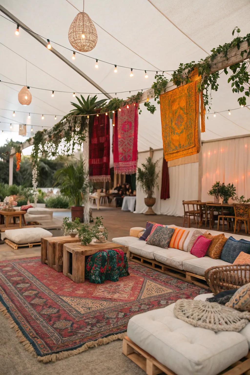A cozy boho relaxation zone perfect for attendees to unwind and mingle.