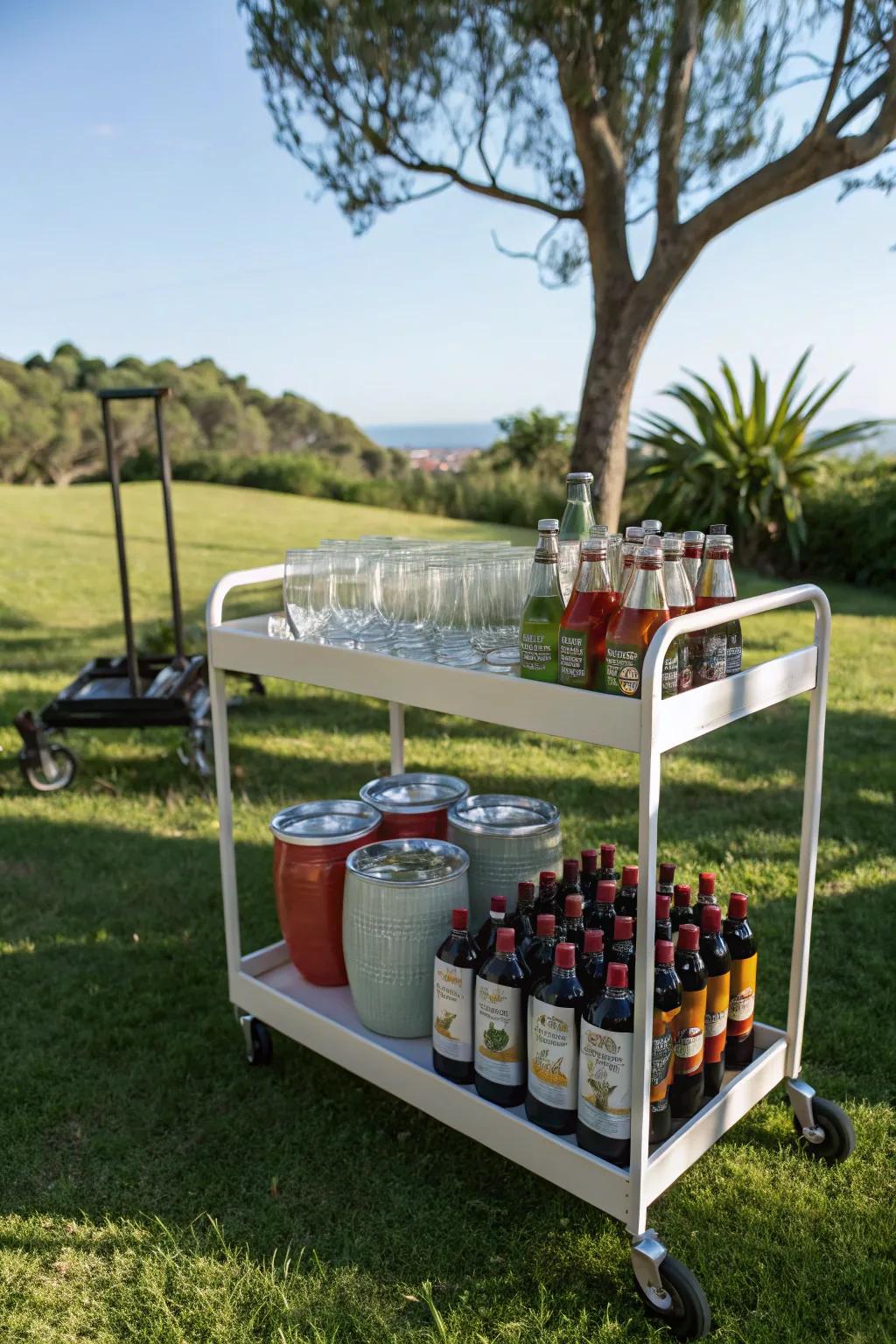 A rolling cart makes your refreshment station mobile and convenient.