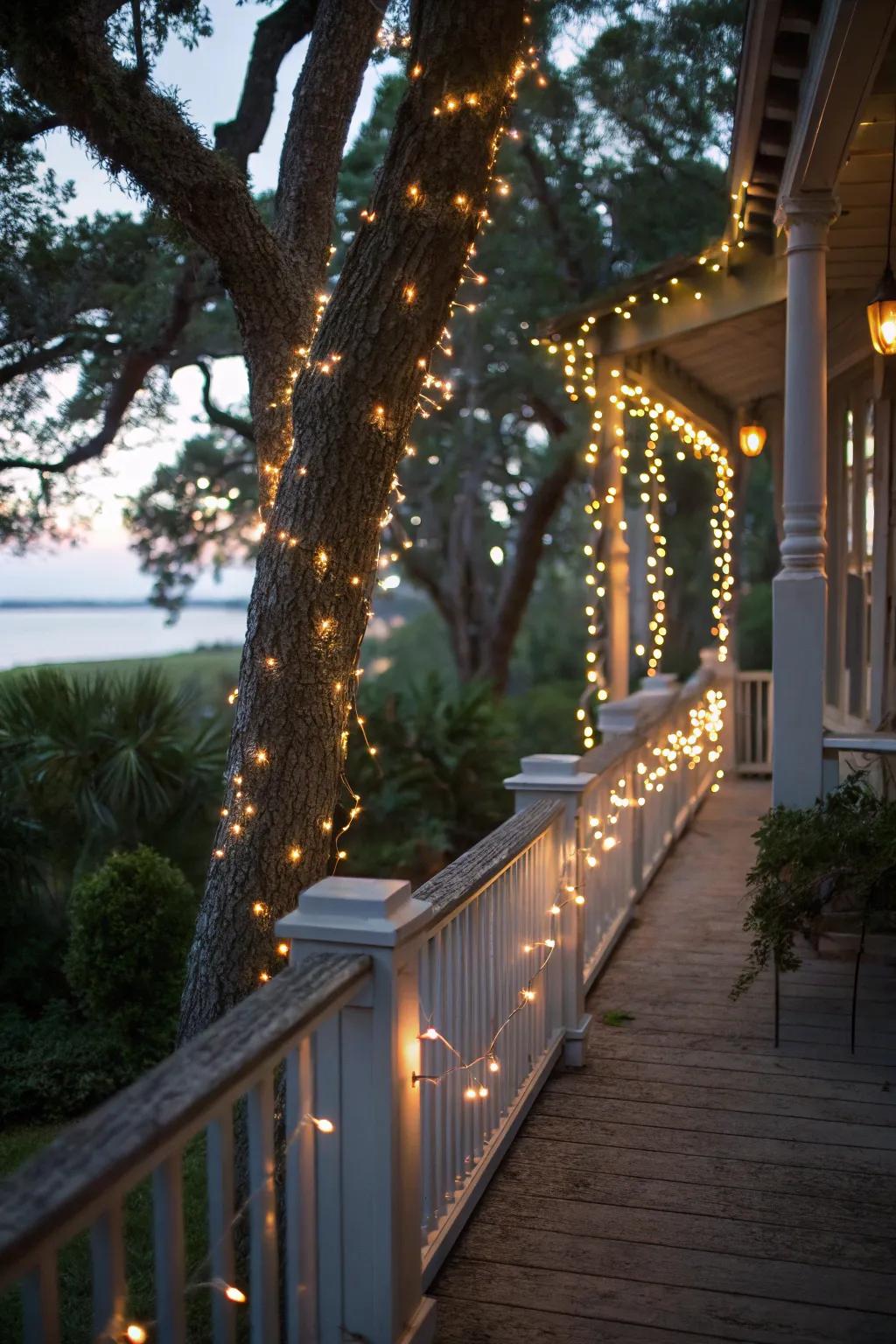 Crystalline lights fashion a magical atmosphere encompassing the patio.