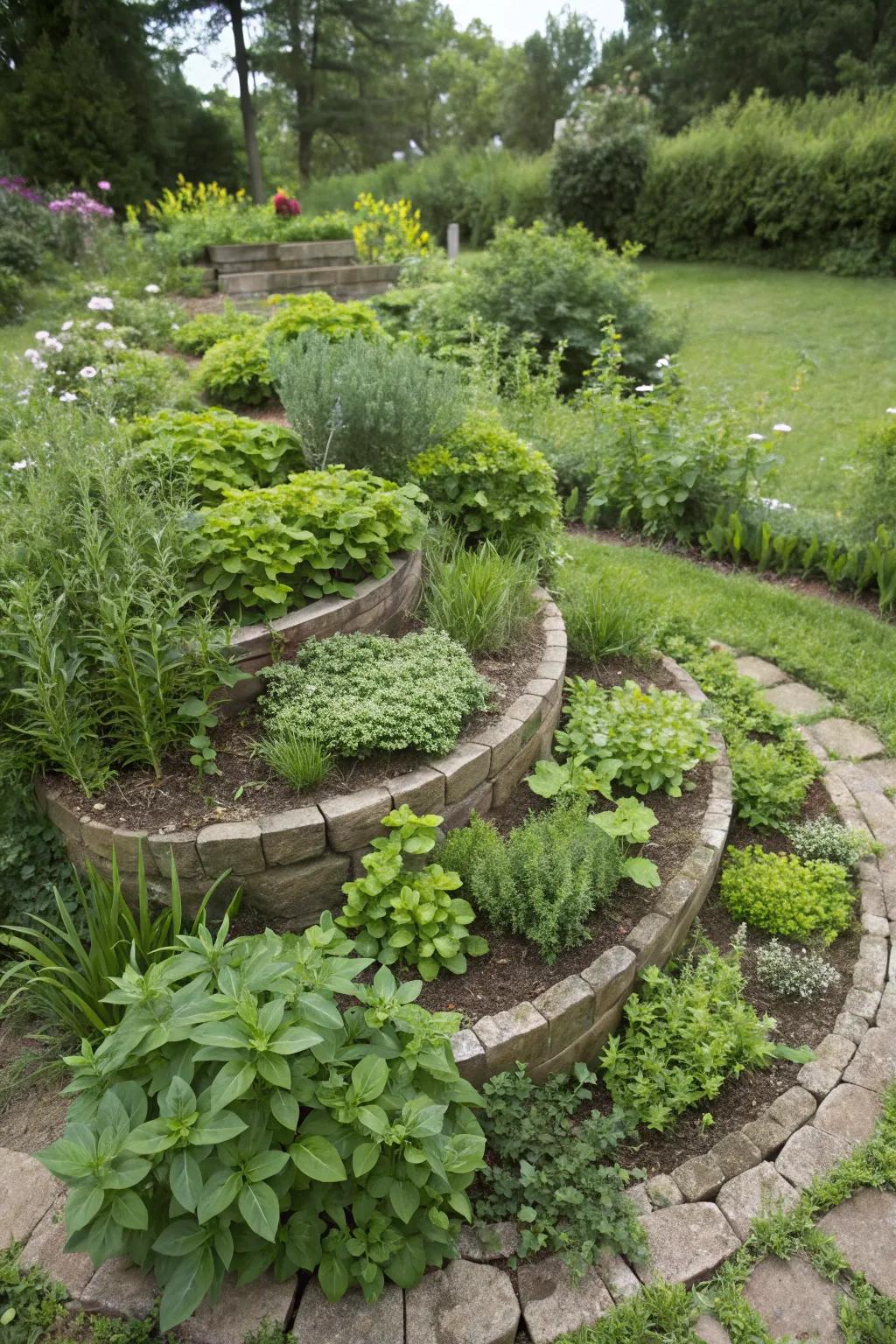 An herb spiral maximizing space and engendering an operational garden attribute.